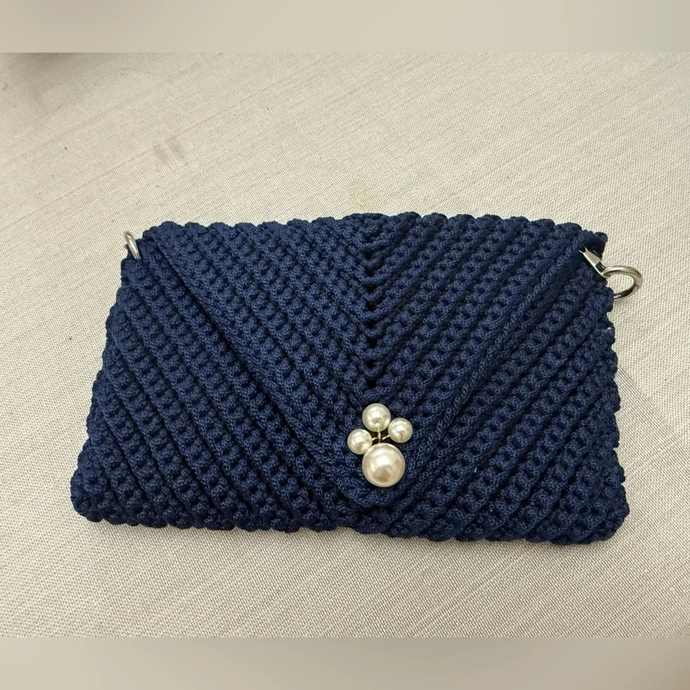 Handmade Navy Crochet Clutch with Detachable Chain – New – Gifted from Greece